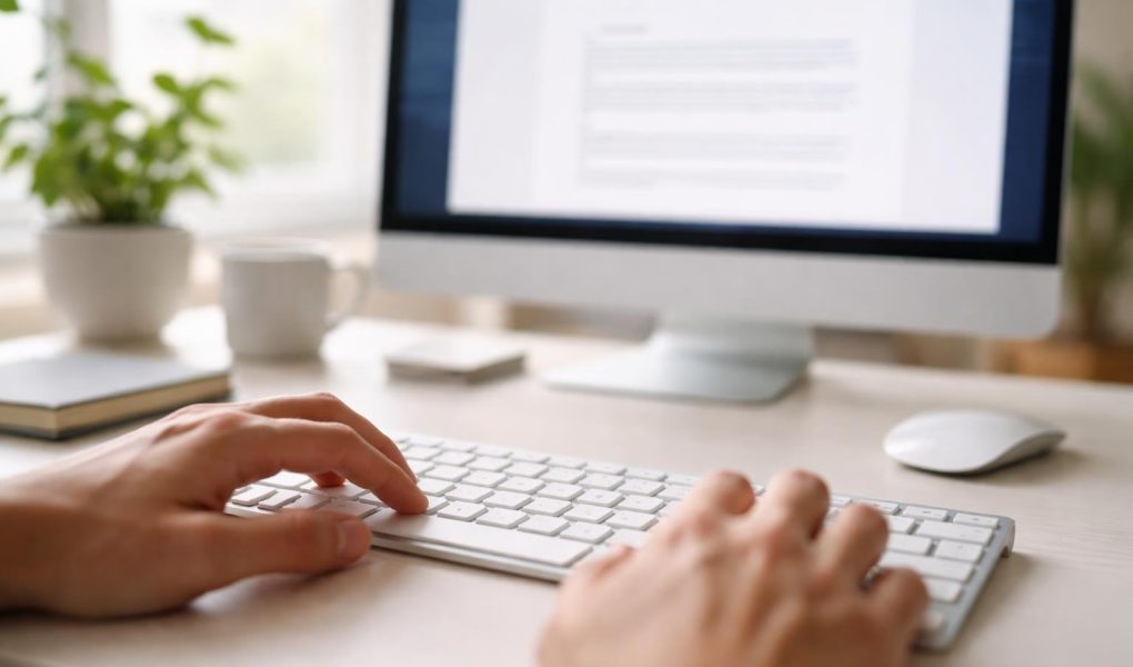 bureau-moderne-clavier-mains-floues-écran