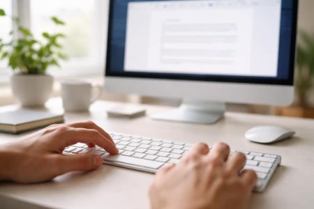 bureau-moderne-clavier-mains-floues-écran