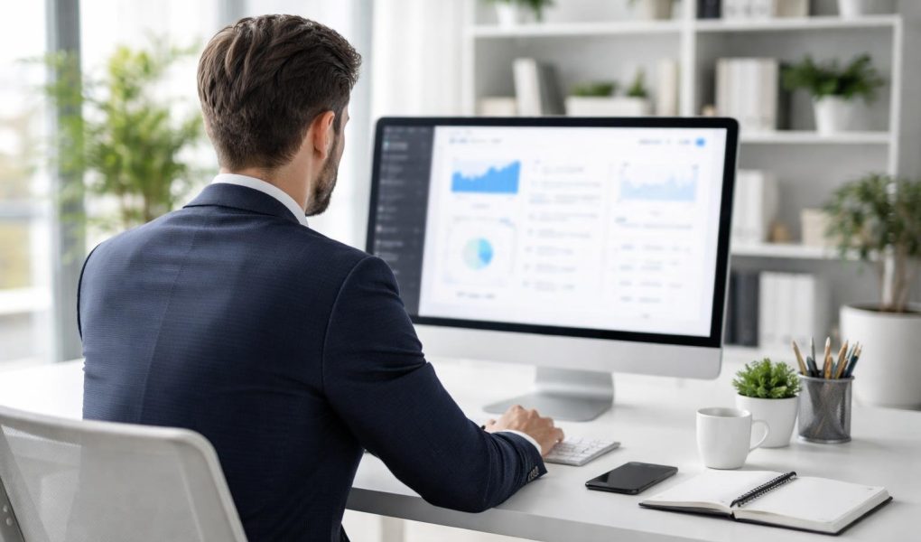 professionnel-bureau-ordinateur-plantes-etageres